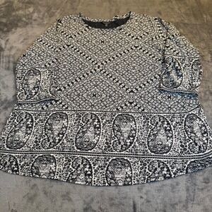 Lucky Brand Black White Paisley Tunic‎ Top Blouse Bell Sleeve Womens size 1X